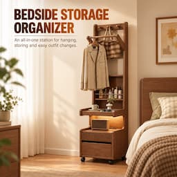 Walnut Coat Rack with Shelves & Drawer on Wheels 170cm Entryway Clothes Organizer