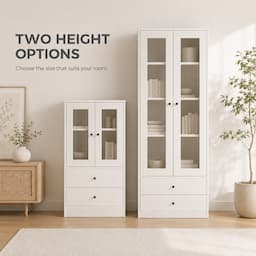 White Display Cabinet with Glass Doors and 2 Drawers 164cm Bookshelf