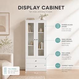 White Display Cabinet with Glass Doors and 2 Drawers 164cm Bookshelf