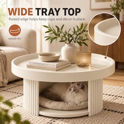 Round Coffee Table with Cat Bed 2-in-1 Pet Human Shared Table Iron Frame 65cm