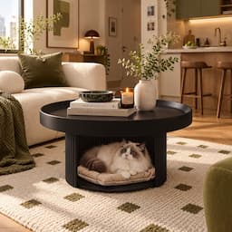 Round Coffee Table with Cat Bed 2-in-1 Pet Human Shared Table Iron Frame 65cm
