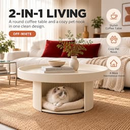 Round Coffee Table with Cat Bed 2-in-1 Pet Human Shared Table Iron Frame 65cm