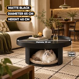 Round Coffee Table with Cat Bed 2-in-1 Pet Human Shared Table Iron Frame 65cm