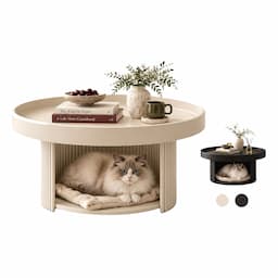 Round Coffee Table with Cat Bed 2-in-1 Pet Human Shared Table Iron Frame 65cm