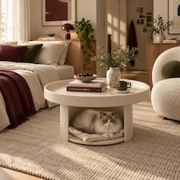 Round Coffee Table with Cat Bed 2-in-1 Pet Human Shared Table Iron Frame 65cm