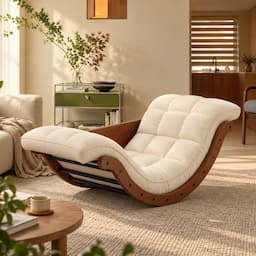 2-in-1 Rocking Chair Floor Lounger with Desk Mode Cream Cushion Bentwood Frame