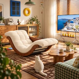 2-in-1 Rocking Chair Floor Lounger with Desk Mode Cream Cushion Bentwood Frame