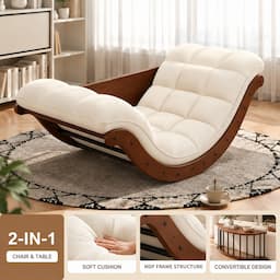2-in-1 Rocking Chair Floor Lounger with Desk Mode Cream Cushion Bentwood Frame
