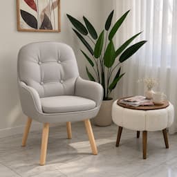 360° Swivel Vanity Chair Light Grey Tech Fabric Accent Chair with Solid Wood Legs