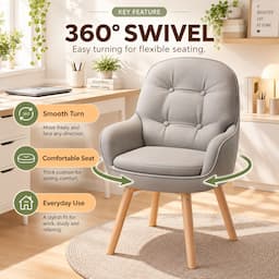 360° Swivel Vanity Chair Light Grey Tech Fabric Accent Chair with Solid Wood Legs