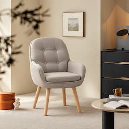 360° Swivel Vanity Chair Light Grey Tech Fabric Accent Chair with Solid Wood Legs