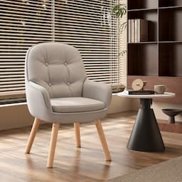 360° Swivel Vanity Chair Light Grey Tech Fabric Accent Chair with Solid Wood Legs