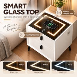 Smart Nightstand with Wireless Charging 3-Color Touch LED USB Port 2 Drawers