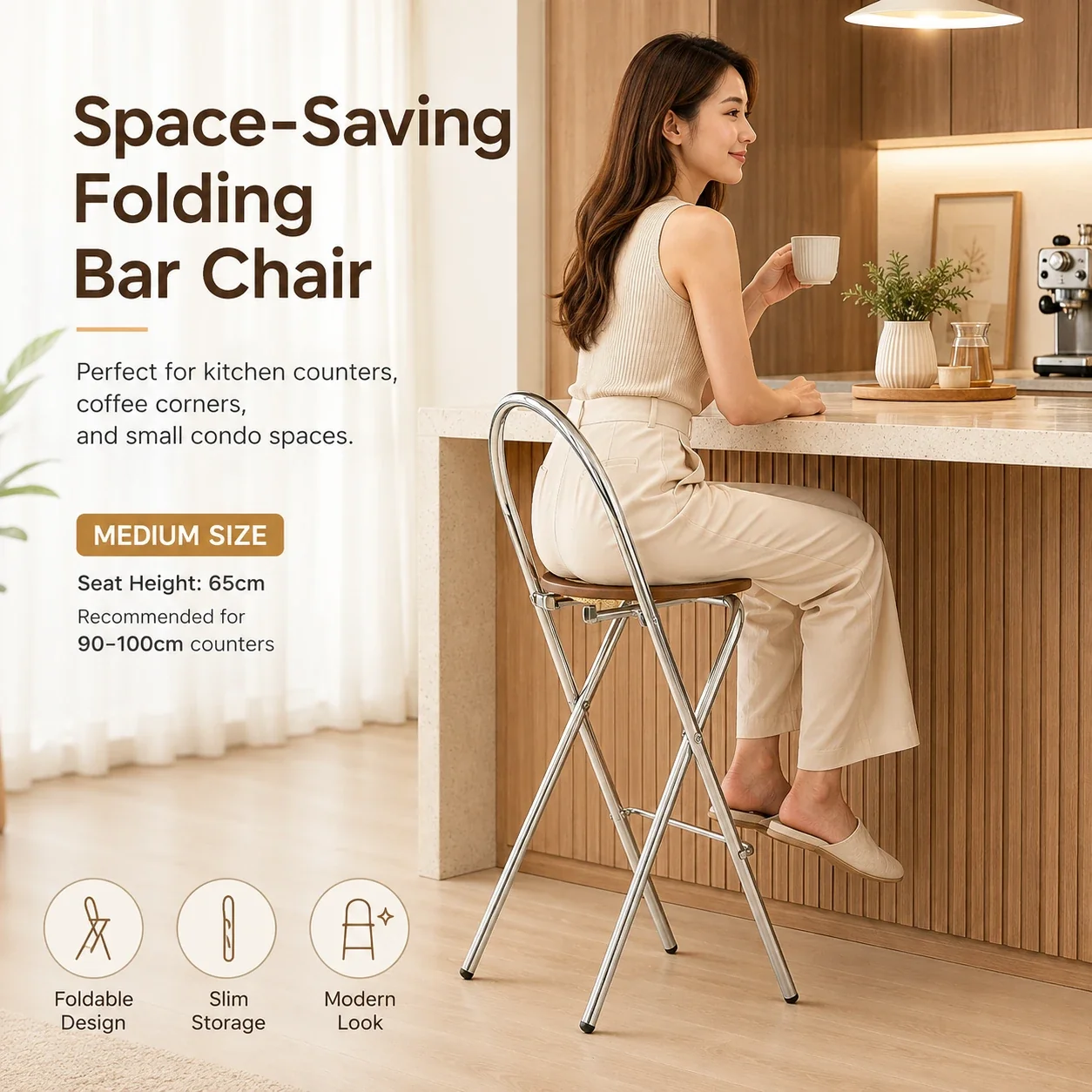 Roni Rattan Folding Bar Stool - Folds Flat to 8cm, Breathable Woven Seat, Space-Saving for Small Kitchens & Condos