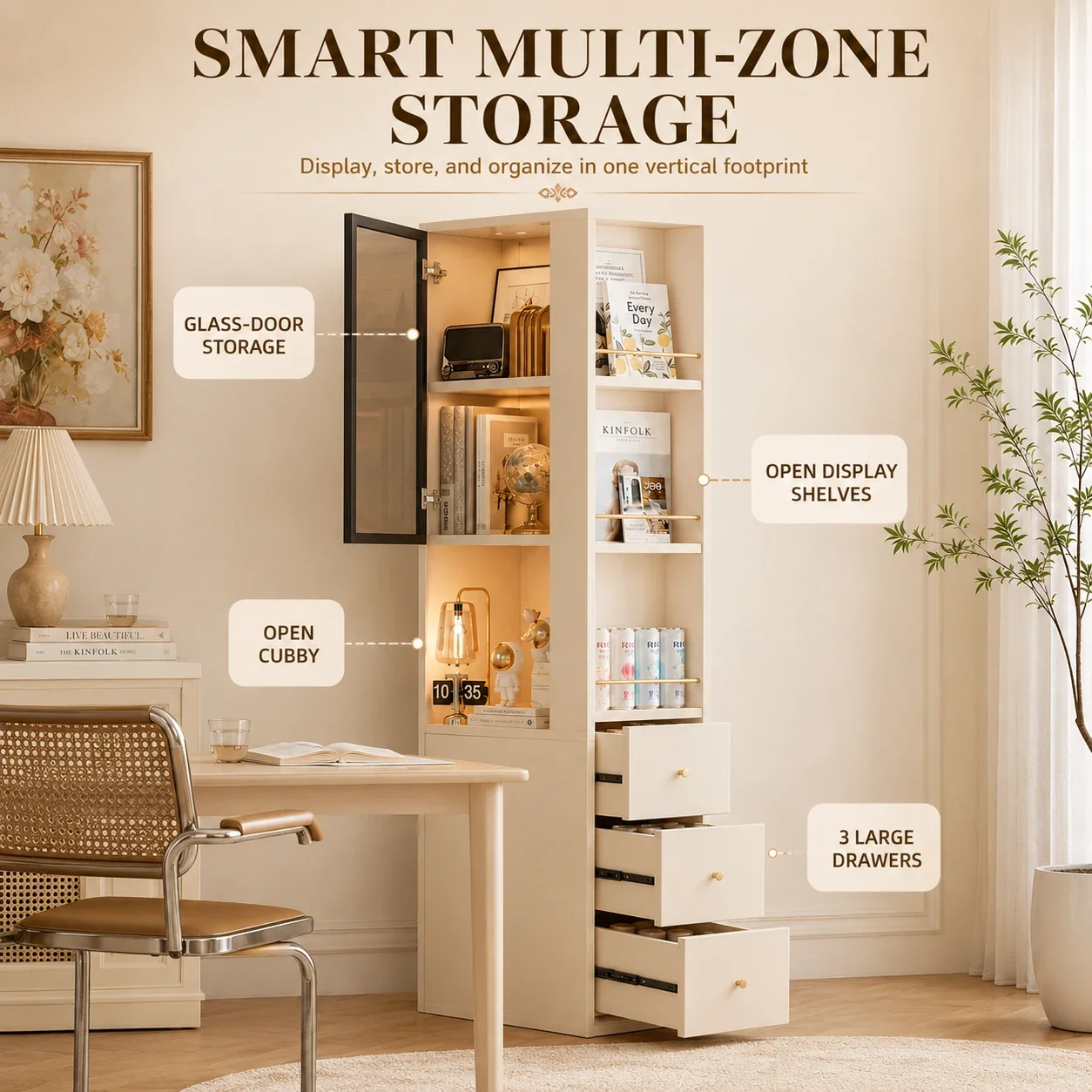 French Retro Tall Narrow Storage Bookcase - 30cm Slim Design, Glass Door Display, 3-Drawer Storage