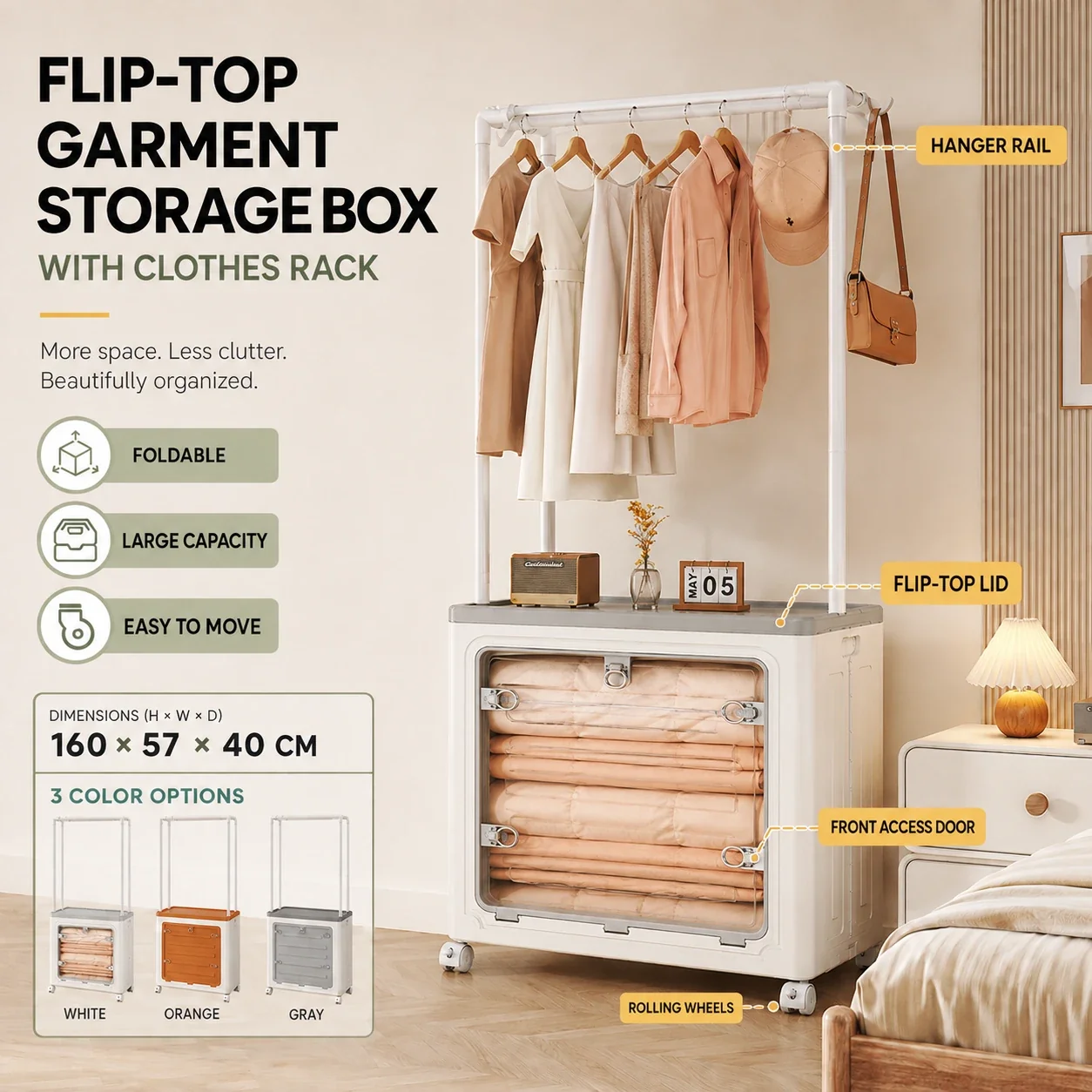 2-in-1 Foldable Garment Rack Storage Box - Space-Saving Design, Rolling Wheels, Large-Capacity Storage