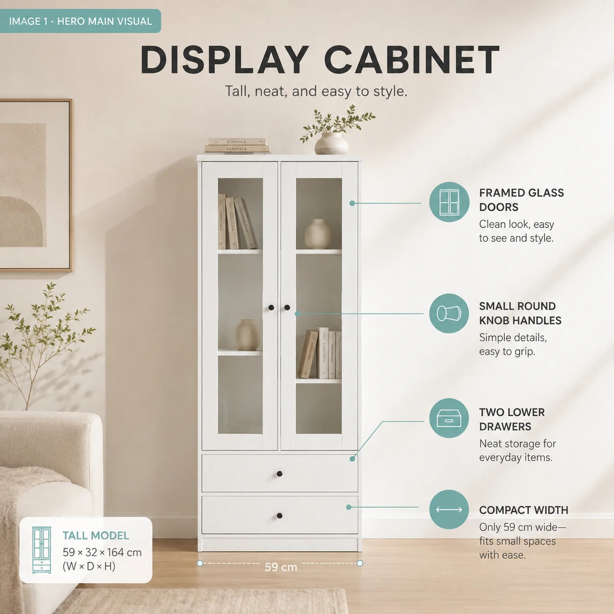 Slim Acrylic Door Storage Cabinet with 2 Drawers - 32CM Space-Saving Depth, Dust-Proof Display, Large-Capacity Storage