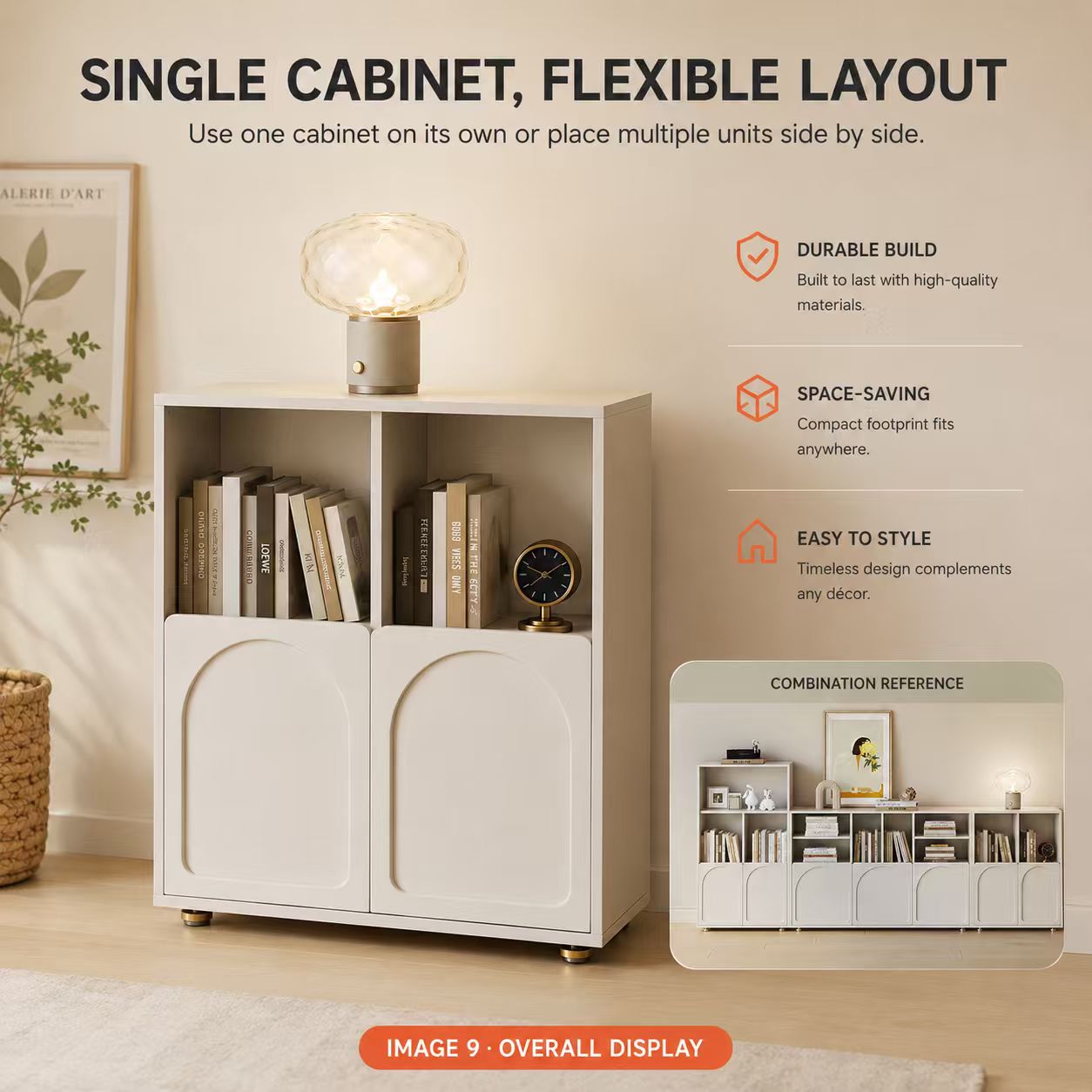 French Cream Modular Storage Cabinet – Arched Doors, Open Shelves & Space-Saving Design