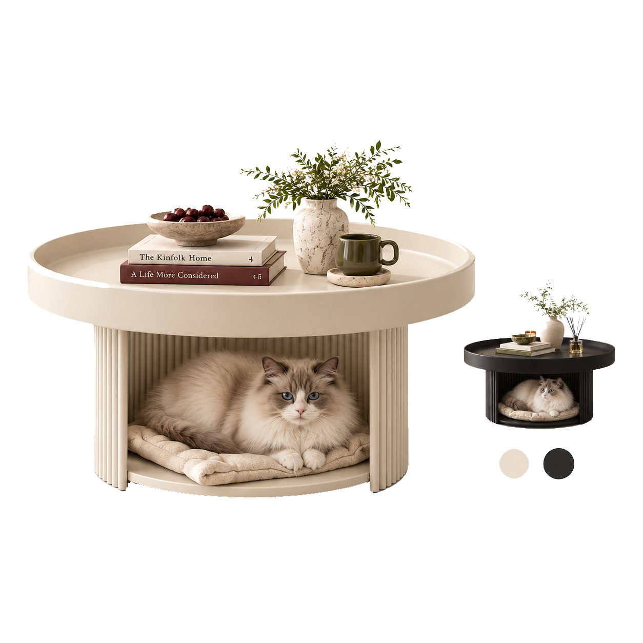 Round Coffee Table with Cat Bed 2-in-1 Pet Human Shared Table Iron Frame 65cm