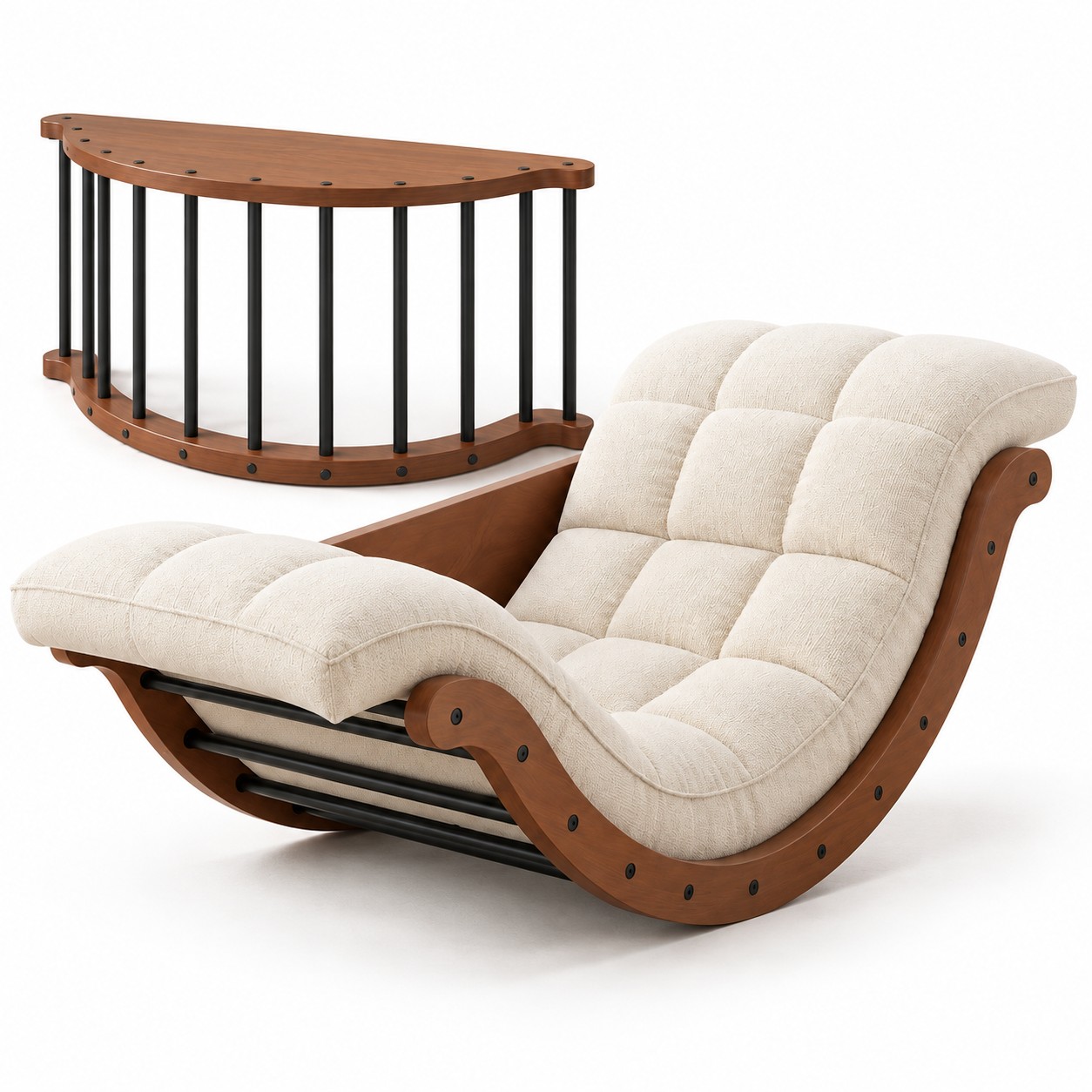 2-in-1 Rocking Chair Floor Lounger with Desk Mode Cream Cushion Bentwood Frame