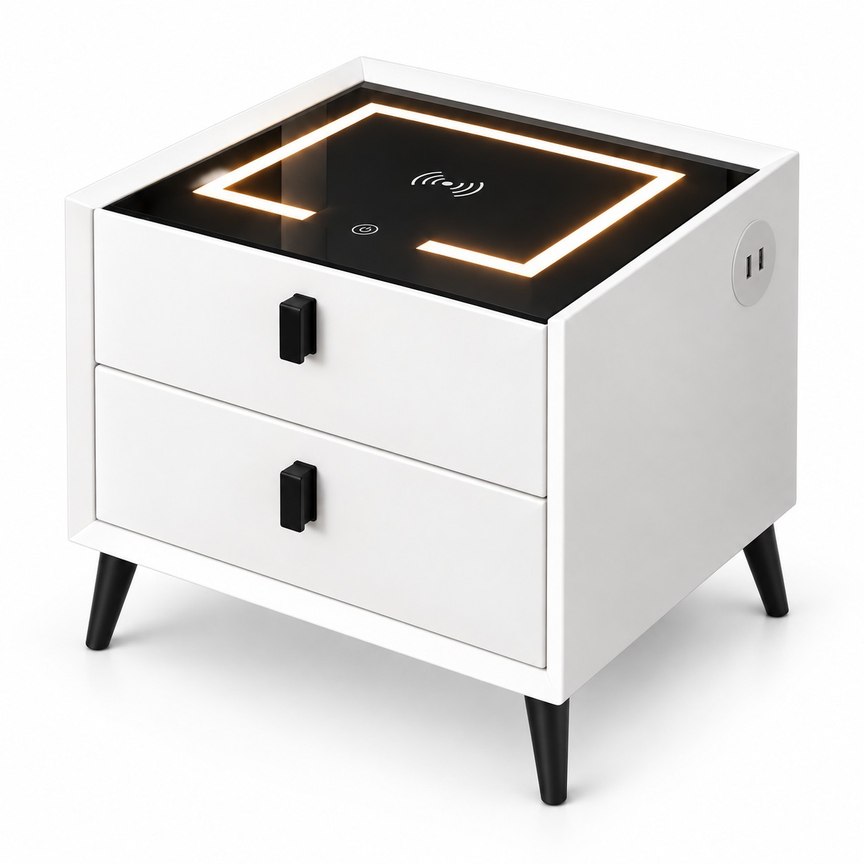 Smart Nightstand with Wireless Charging 3-Color Touch LED USB Port 2 Drawers